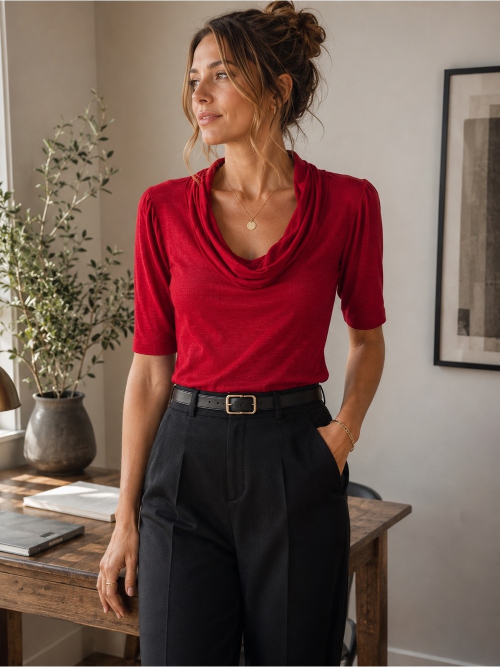 Derek Heart Red Cowl Neck Knit Top 3/4 Sleeve Stretch Career Office Size Large